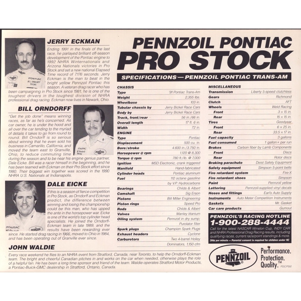 Jerry Eckman Pennzoil Pontiac Pro Stock Orndorff Racing Promo Card 8x10 - Picture 2 of 2